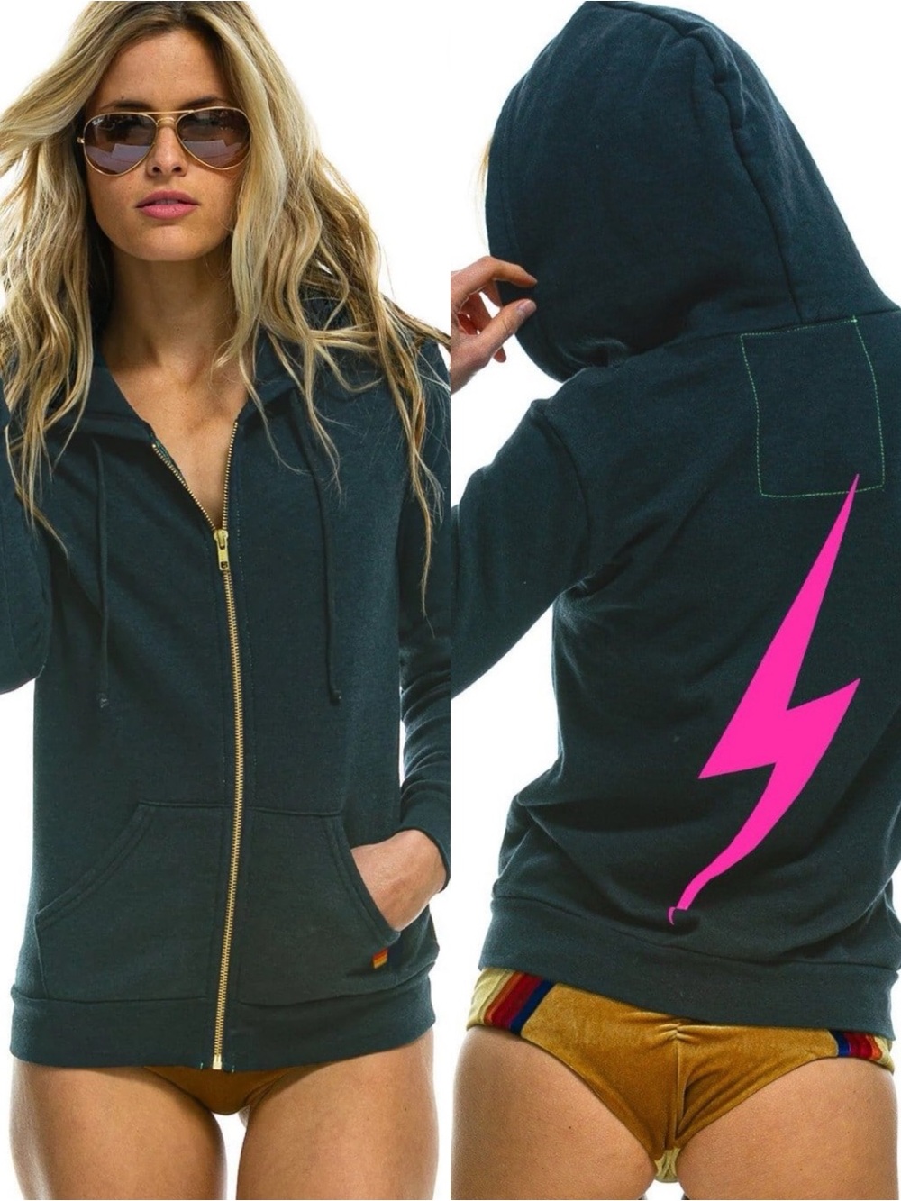 Aviator Nation BOLT Full Zip Hoodie Sweatshirt Charcoal Neon Pink M